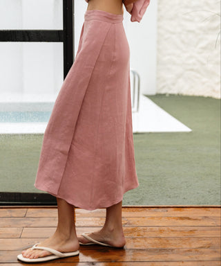 'Tokyo' Classic Linen Wrap Skirt in Dusty Pink