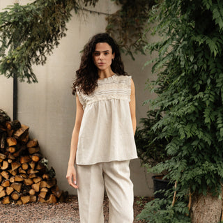 'Evora' Summer Linen Top with Lace in Natural beige