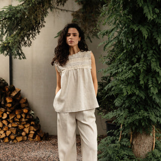 'Evora' Summer Linen Top with Lace in Natural beige