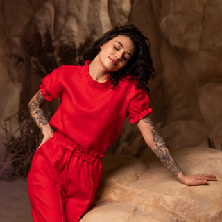 'August' Linen Top with Short Puffed Sleeves in Red