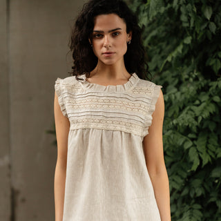 'Evora' Summer Linen Top with Lace in Natural beige
