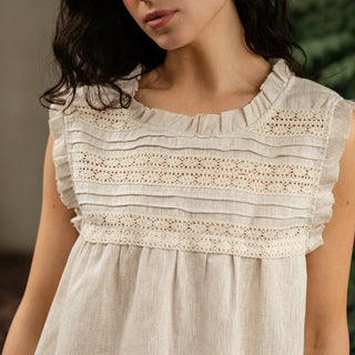 'Evora' Summer Linen Top with Lace in Natural beige