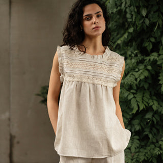 'Evora' Summer Linen Top with Lace in Natural beige