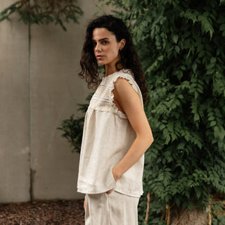 'Evora' Summer Linen Top with Lace in Natural beige