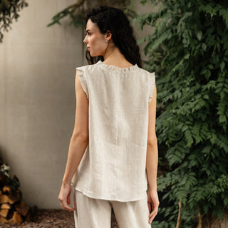 'Evora' Summer Linen Top with Lace in Natural beige