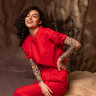 'August' Linen Top with Short Puffed Sleeves in Red