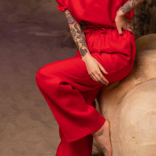 'September' Wide Leg Paper Bag Linen Pants in Red