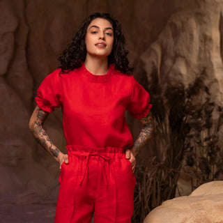 'August' Linen Top with Short Puffed Sleeves in Red