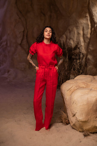 'September' Wide Leg Paper Bag Linen Pants in Red