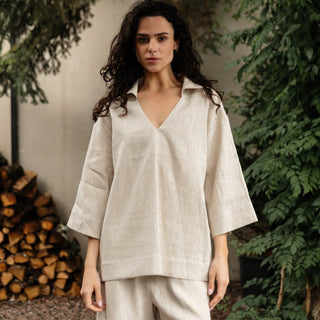 'Marbella' Linen Shirt with Collar and V-neck in Natural Beige
