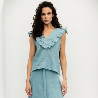 linen cyan summer top with frills and v neck