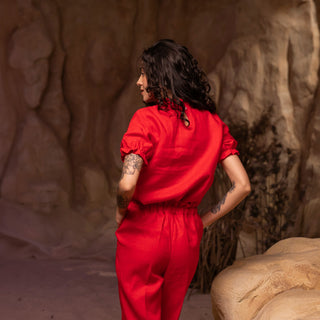 'August' Linen Top with Short Puffed Sleeves in Red