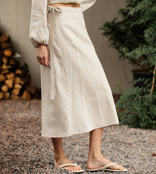 'Tokyo' Classic Linen Wrap Skirt in Natural Beige