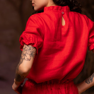 'August' Linen Top with Short Puffed Sleeves in Red