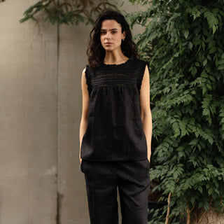 'Evora' Summer Linen Top with Lace in Black