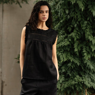'Evora' Summer Linen Top with Lace in Black