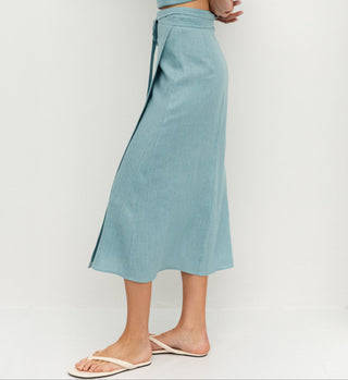 'Tokyo' Classic Linen Wrap Skirt in Cyan Blue