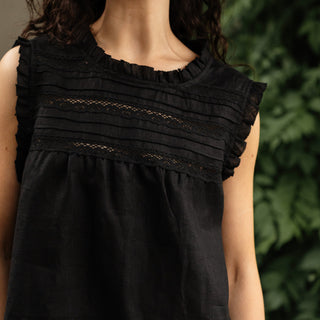 'Evora' Summer Linen Top with Lace in Black