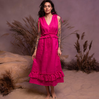 'Alexandra' Linen Midi Dress with Frills in Fuchsia