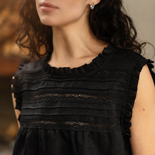 'Evora' Summer Linen Top with Lace in Black
