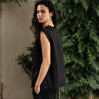 'Evora' Summer Linen Top with Lace in Black