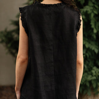 'Evora' Summer Linen Top with Lace in Black