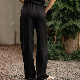 'June' Linen Straight Pants in Black