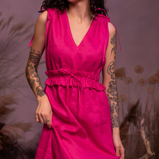 'Alexandra' Linen Midi Dress with Frills in Fuchsia