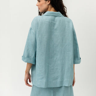 'Marbella' Linen Shirt with Collar and V-neck in Cyan Blue