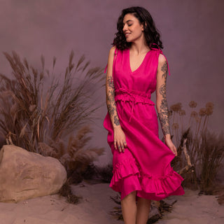 'Alexandra' Linen Midi Dress with Frills in Fuchsia