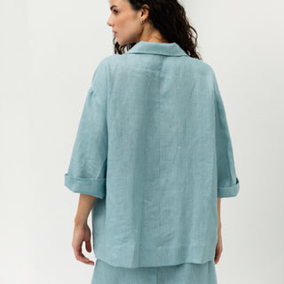 'Marbella' Linen Shirt with Collar and V-neck in Cyan