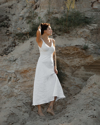 'Milano' Linen Dress With Cotton Knitted Top in White