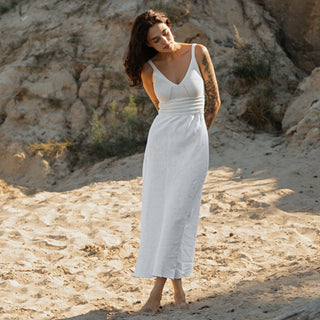 'Milano' Linen Dress With Cotton Knitted Top in White