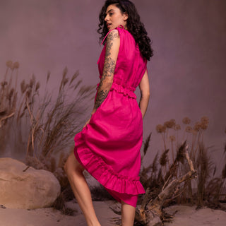 'Alexandra' Linen Midi Dress with Frills in Fuchsia