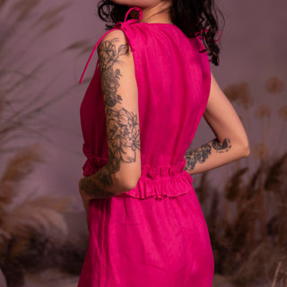 'Alexandra' Linen Midi Dress with Frills in Fuchsia
