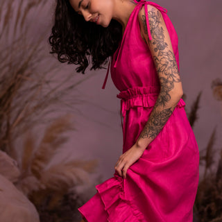 'Alexandra' Linen Midi Dress with Frills in Fuchsia