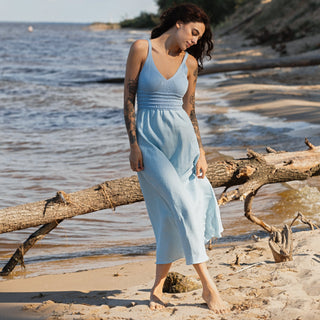 'Milano' Linen Dress With Cotton Knitted Top in Light Blue