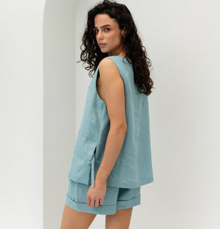 'Isla' Linen Women Top in Cyan