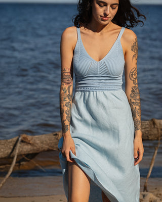 'Milano' Linen Dress With Cotton Knitted Top in Light Blue