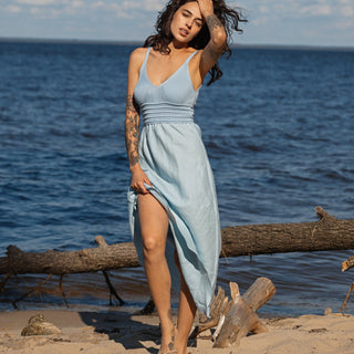 'Milano' Linen Dress With Cotton Knitted Top in Light Blue
