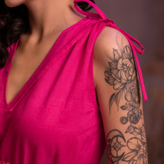'Alexandra' Linen Midi Dress with Frills in Fuchsia