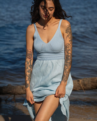 'Milano' Linen Dress With Cotton Knitted Top in Light Blue