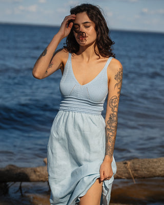 'Milano' Linen Dress With Cotton Knitted Top in Light Blue