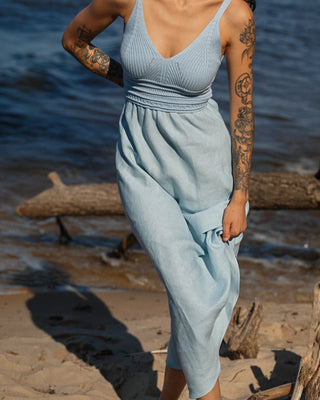'Milano' Linen Dress With Cotton Knitted Top in Light Blue