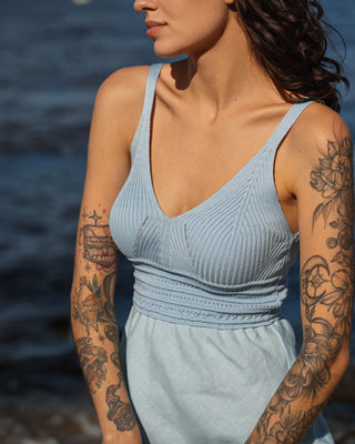 'Milano' Linen Dress With Cotton Knitted Top in Light Blue