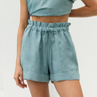 'September' Linen Paperbag Shorts in Cyan