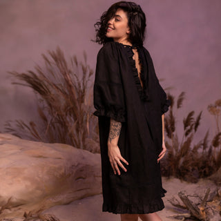 'Zeffir' Linen Midi Dress with Open Back in Black