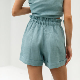 'September' Linen Paperbag Shorts in Cyan