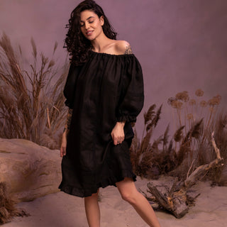 'Zeffir' Linen Midi Dress with Open Back in Black