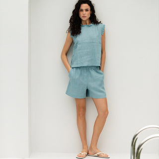 'June' Linen Shorts with Pockets in Cyan